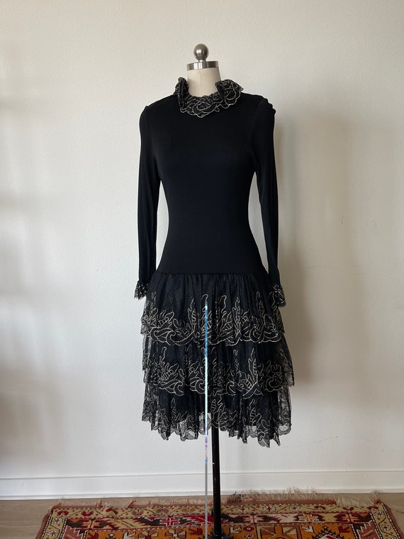 Vintage 1980's BOB MACKIE Size L Black Jersey Red Beaded Neck Dress