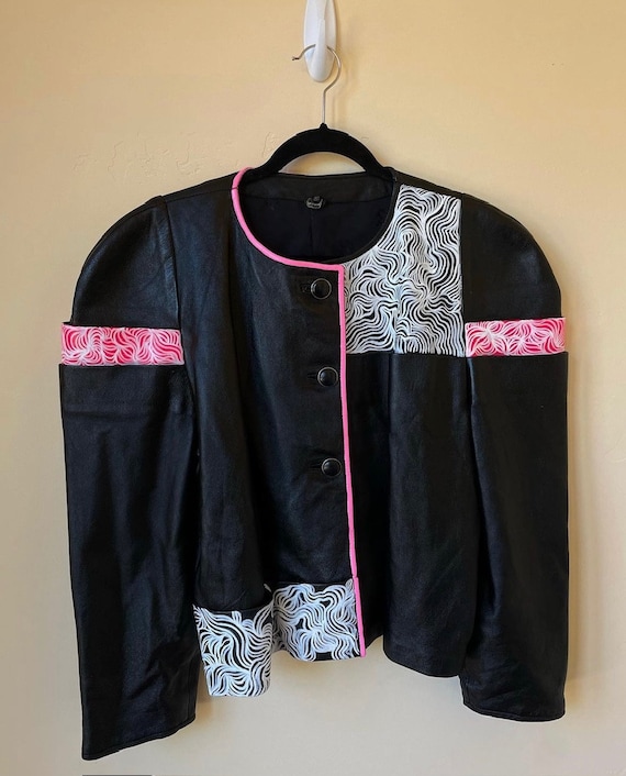 Hand-painted 80's Leather Collarless Jacket with J