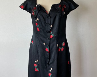 Darling 1950&#39;s Silk Strawberry Print Lou Rose of Santa Barbara Day Dress