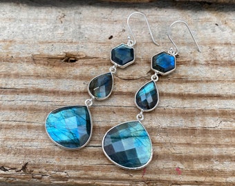 Labradorite Sterling Silver Dangle Earrings, Long Gemstone Drop