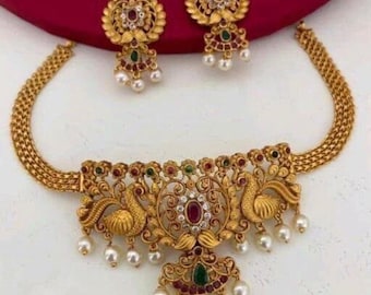 Indian Choker Set / South Indian Choker Necklace set / Handmade Jewelry Set / Choker Set / Necklace set / Temple Jewelry Set / Gifts