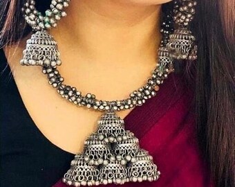 Conjunto de collar de gargantilla Jhumka oxidado / Conjunto de joyería oxidada india / Collar / Conjunto de joyería oxidada vintage / Joyería india / Regalos