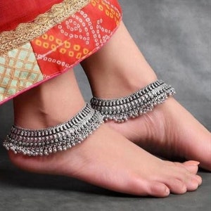 Indian German Silver Handmade Antique Design Pair of Ghungroo Anklets Oxidized Boho Style Beautiful Heavy Payal for Women Gift for Her