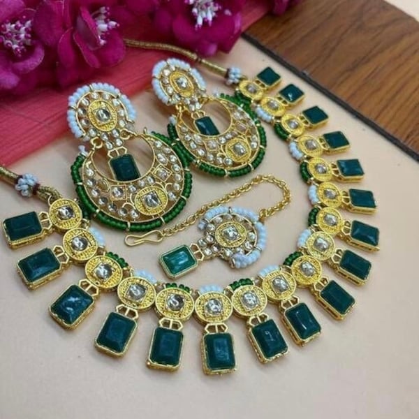 Sabyasachi Inspired Gold Finish Choker Set / Green Kundan Necklace Set / Indian Choker Set / Handmade Jewelry Set / Polki Choker Set / Gifts