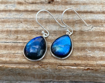 Blue Flash Labradorite Earrings: Sterling Silver Dangle Hook Earrings