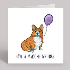 Joyeux anniversaire Corgi Carte de vœux | Carte carrée avec l’enveloppe | Cartes Corgi | Cadeau de ballon d’anniversaire
