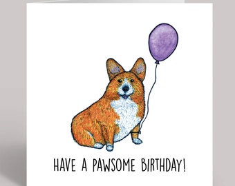 Happy Birthday Corgi Greeting Card | Square Card with Envelope | Corgi Cards | Birthday Balloon Present