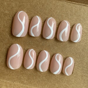 Nude With White Swirl Custom Press On Nails Sheer Luxury Nails On Trend Stick On Nails image 2