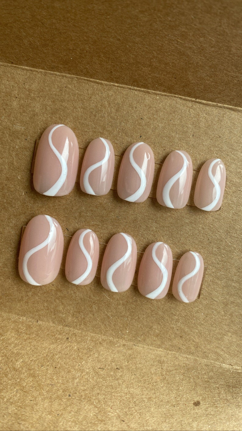 Nude With White Swirl Custom Press On Nails Sheer Luxury Nails On Trend Stick On Nails image 2