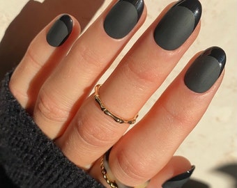 Matte Black With Shiny Tips Custom Press On Nails | Halloween Luxury False Nails | Long almond Stick On Nails