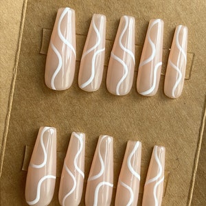 White Squiggles Custom Press On Nails | Luxury Swirl False Nails | Sheer Stick On Nails