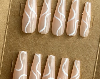 White Squiggles Custom Press On Nails | Luxury Swirl False Nails | Sheer Stick On Nails