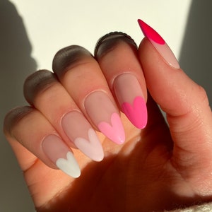 Pink Ombre Heart Tips Custom Press On Nails | Valentines Almond Long Nails | Heart Glue On Nails
