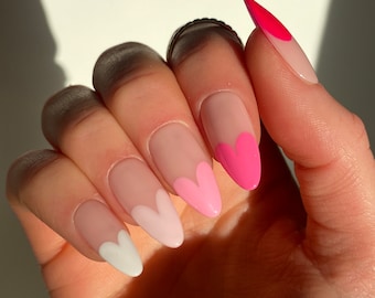 Pink Ombre Heart Tips Custom Press On Nails | Valentines Almond Long Nails | Heart Glue On Nails