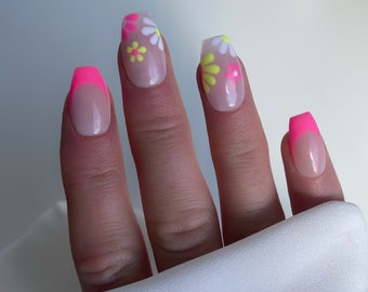 Neon Flowers Custom Press On Nails | Coffin Medium False Nails | Pink And Yellow Glue On Nails
