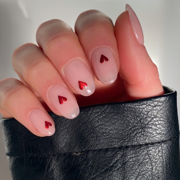 Presse personnalisée coeurs chromés rouges sur les ongles | Ongles collants d'Halloween | Faux ongles Saint-Valentin