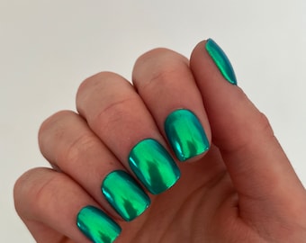 Mermaid Chrome Custom Press On Nails | Turquoise False Nails | Glitter Luxury Stick On Nails | Short Blue Fake Nails