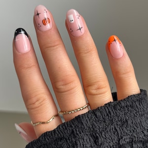 Black And Orange Spooky Custom Press On Nails | Halloween Stick On Nails | Luxury False Nails