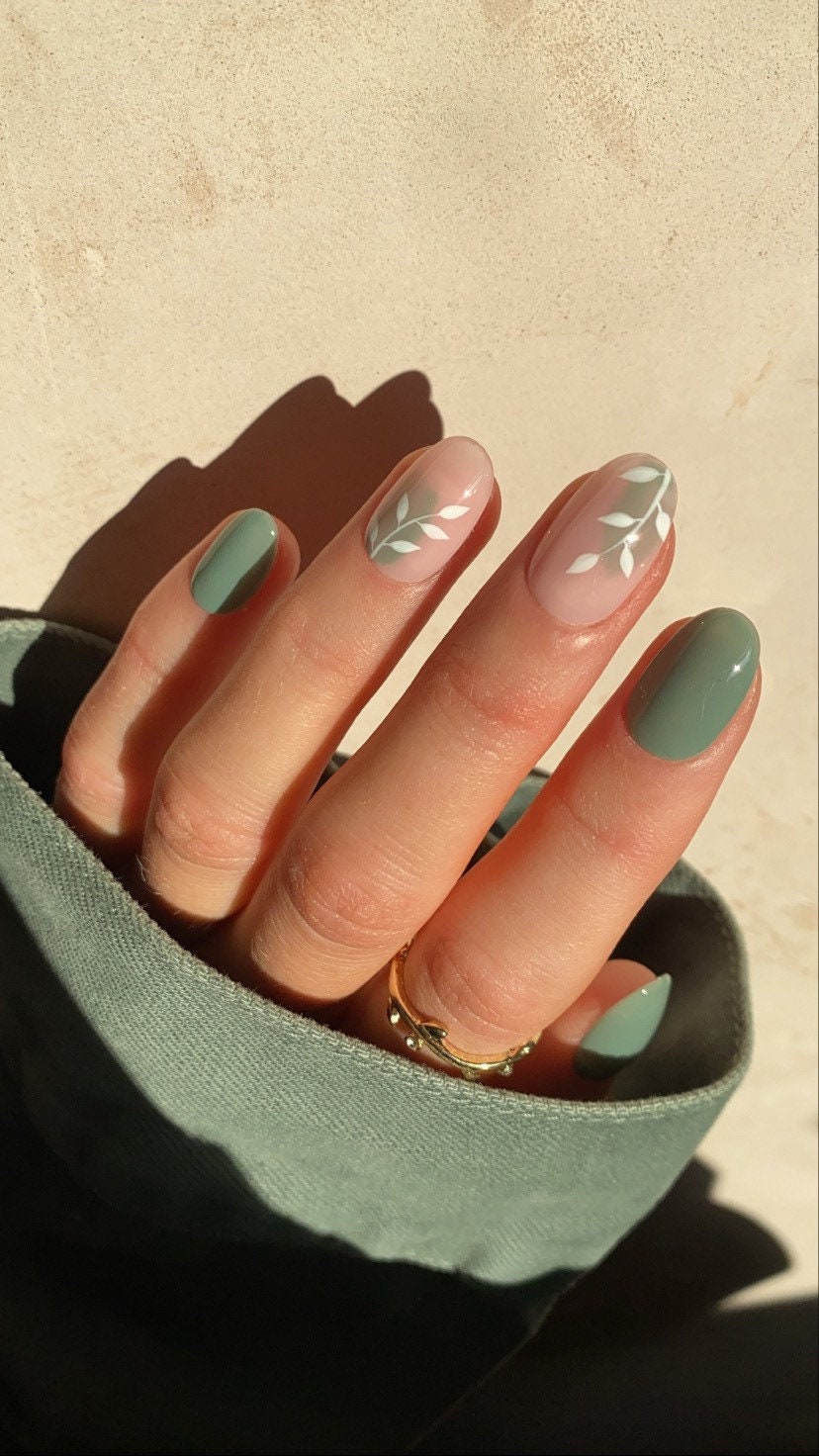 Sage Green and White Leaf Custom Press on Nails - Etsy