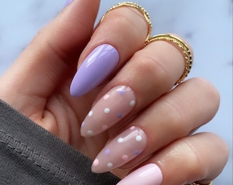 Pastel polka dot purple pink and white custom press on nails