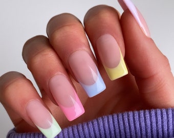 Pastel French Custom Press On Nails | Spring False Nails | Colourful Stick On Nails