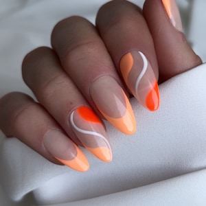 Orange Abstract Swirls Custom Press On Nails | Peach False Nails | Summer Glue On Nails
