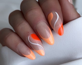 Orange Abstract Swirls Custom Press On Nails | Peach False Nails | Summer Glue On Nails