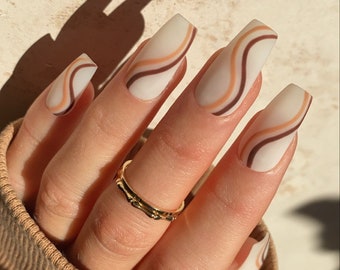 Matte Brown Swirl Custom Press On Nails | Milky False Nails | Beige Stick On Nails | Coffin Long Fake Nails