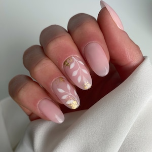 Gold detail leaf Custom Press On Nails | Sheer Pink Luxe False Nails | Fake Wedding Nails