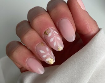 Gold detail leaf Custom Press On Nails | Sheer Pink Luxe False Nails | Fake Wedding Nails