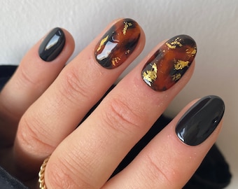 Tortoiseshell Touches Custom Press On Nails | Black Short Autumn False Nails | Winter Tortie Glue On Nails