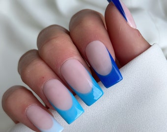 Blue Ombre French Custom Press On Nails | Summer Stick On Nails | Square Long False nails