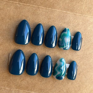 Deep Teal Marble Custom Press On Nails | Blue Fake Nails | Autumn False Nails | Luxury Swirl Nails