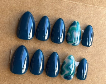 Deep Teal Marble Custom Press On Nails | Blue Fake Nails | Autumn False Nails | Luxury Swirl Nails