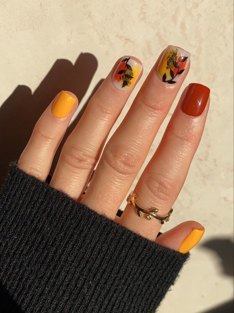 Pumpkin Spice Leaf Custom Press On Nails Autumn False Nails Fall Burnt Orange Stick On Nails image 4