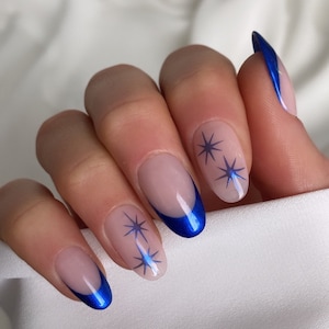 Blue chrome stars Custom Press On Nails | Celestial Glue On Nails | Luxury Fake Nails