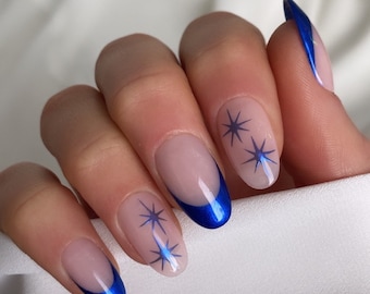 Blue chrome stars Custom Press On Nails | Celestial Glue On Nails | Luxury Fake Nails