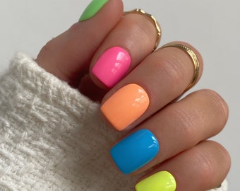 Neon Pastel Mix en Match aangepaste pers op nagels | Zomer valse nagels | Heldere stok op nagels