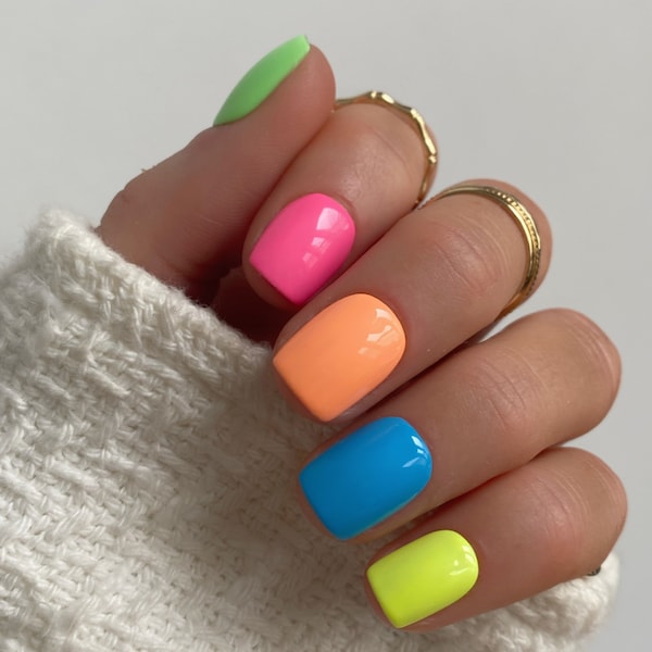 Neon Pastel Mix and Match Custom Press On Nails | Summer False Nails | Bright Stick On Nails