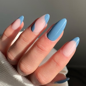 Blue French And Swirl Custom Press On Nails | Luxury False Nails | Abstract Stick On Nails