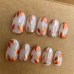 Autumn Chrome Leaves Custom Press On Nails | Thanksgiving False Nails | Stick On Nails