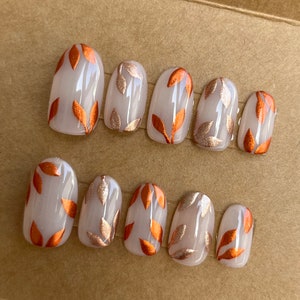 Autumn Chrome Leafs Custom Press On Nails | Thanksgiving False Nails | Stick On Nails