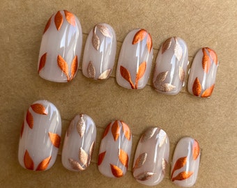 Autumn Chrome Leafs Custom Press On Nails | Thanksgiving False Nails | Stick On Nails