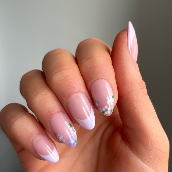 Lilac Flower French Custom Press On Nails | Spring Flase Nails | Almond Glue On Nails