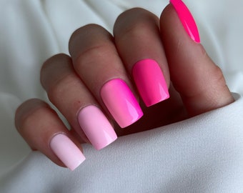 Pink Ombre Custom Press On Nails | Neon Summer False Nails | Short Glue On Nails
