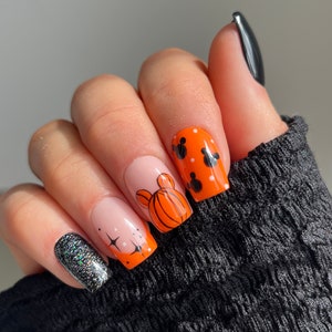 Disney Halloween Custom Press On Nails | Pumpkin Glue On Nails | Luxury Fake Nails