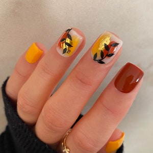 Pumpkin Spice Leaf Custom Press On Nails Autumn False Nails Fall Burnt Orange Stick On Nails image 1