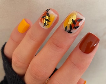 Pumpkin Spice Leaf Custom Press On Nails | Autumn False Nails | Fall Burnt Orange Stick On Nails