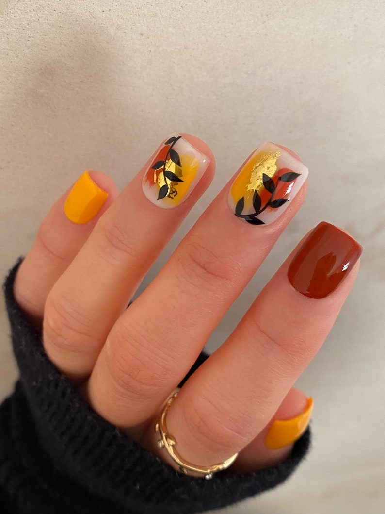 Pumpkin Spice Leaf Custom Press On Nails Autumn False Nails Fall Burnt Orange Stick On Nails image 1