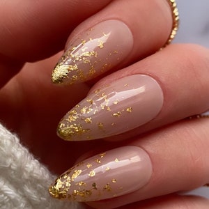 Gold leaf Ombre Custom Press On Nails Gold Leaf False Nails Nude Stick On Nails Wedding Nails image 1